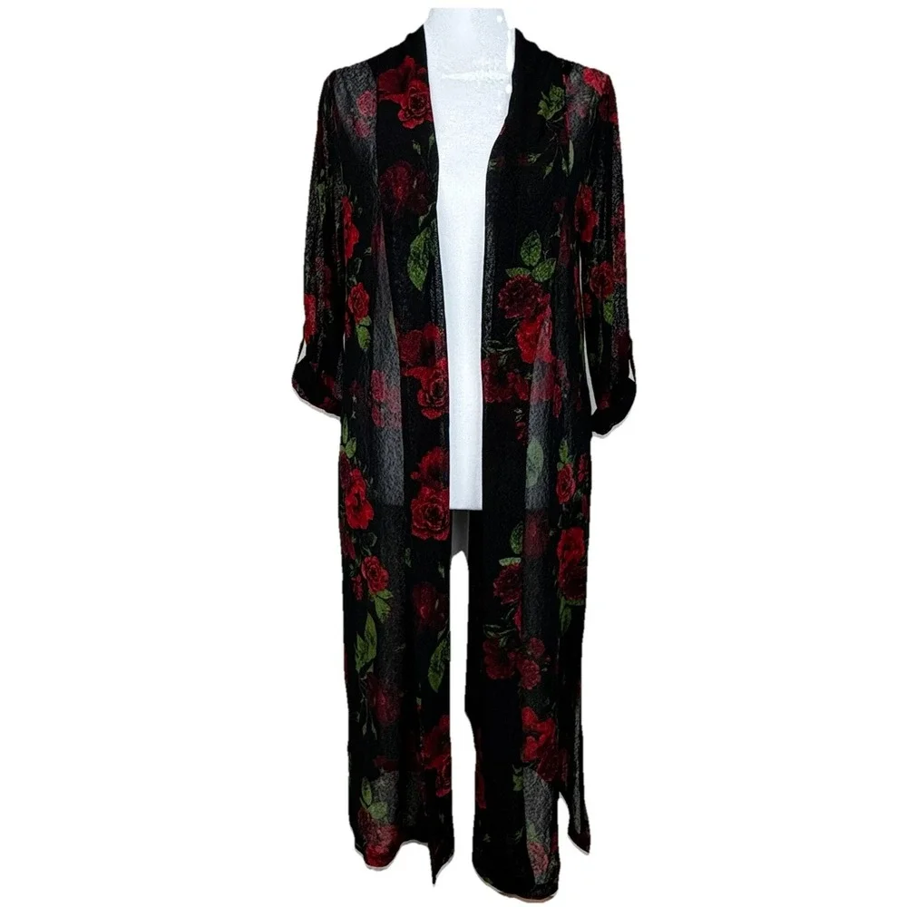 Ember Kimono Robe‎ Womens Medium Semi Sheer Coverup Long Open Front Whimsy Goth